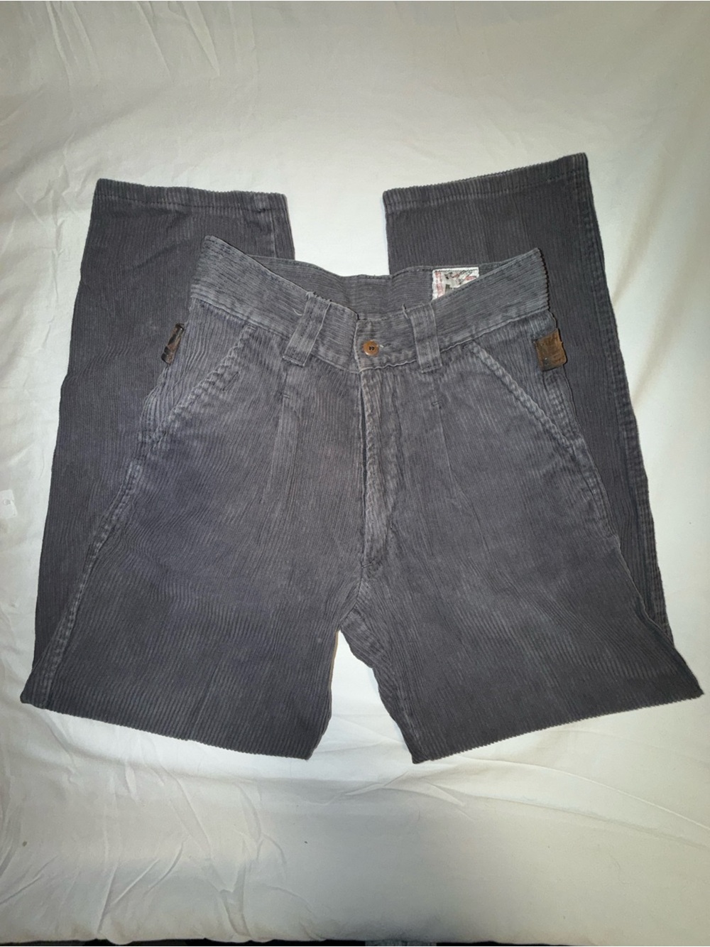 Gray Vintage Corduroy Punk Pants w/ Leather Side Fasteners Size 26” 100% Cotton